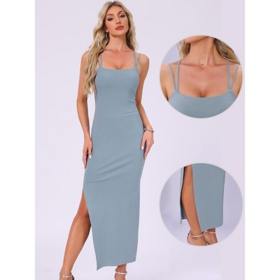 Женские платья INSPIRE CHIC Women's Elastic Spaghetti Strap Side Slit Party Club Maxi Bodycon Dress Large Blue Grey — фото 2