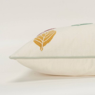 Ivory Embroidered Cotton Botanical Lumbar Throw Pillow