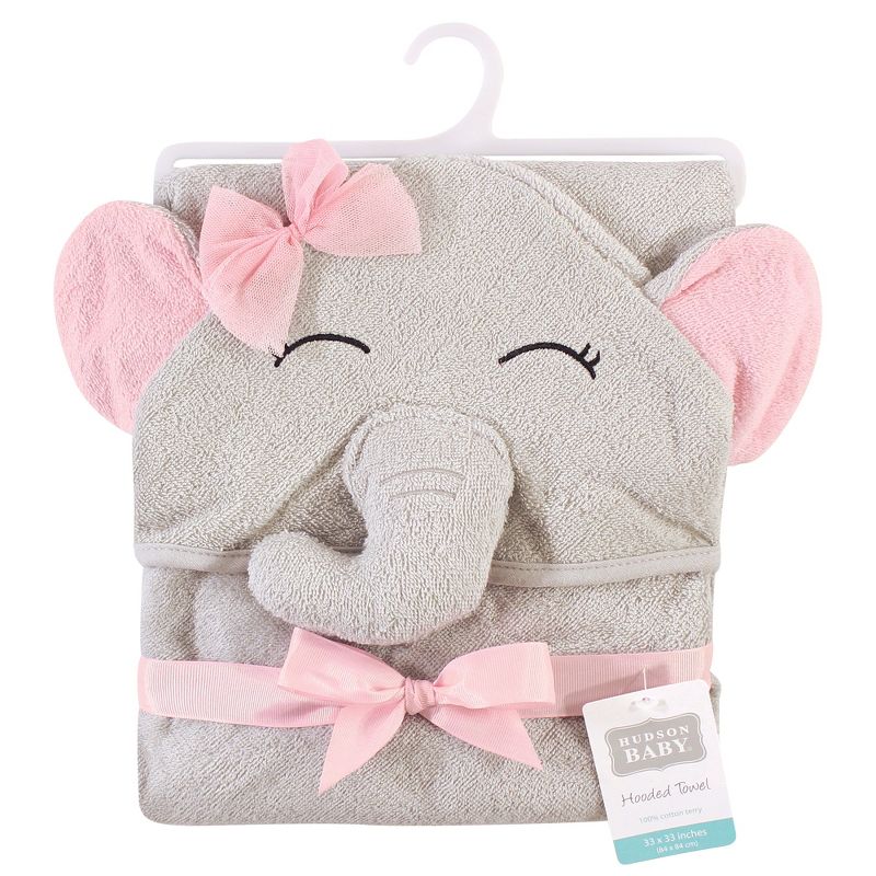Hudson Baby Infant Girl Cotton Animal Face Hooded Towel, Pretty Elephant, One Size, 2 of 4