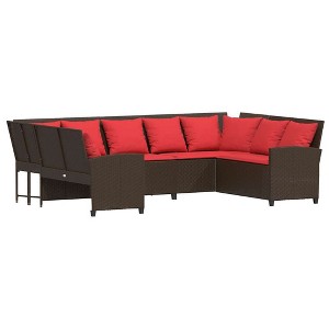 vidaXL Patio Sofa with Cushions - Garden Seating Outdoor Rattan Modular Sofa Set, Brown/Red, 113.4"x71.3"x34.4" - 1 of 4