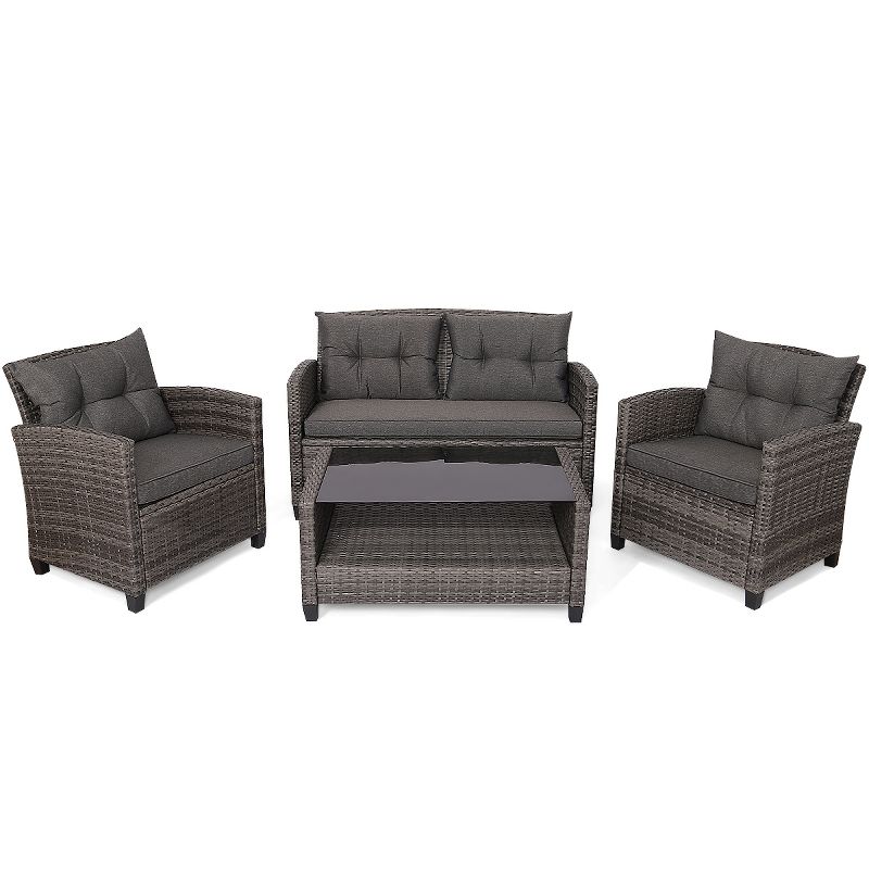 Tangkula 4-Piece Outdoor Patio Furniture Set Rattan Wicker Conversation Sofa Set with Coffee Table, 3 of 7