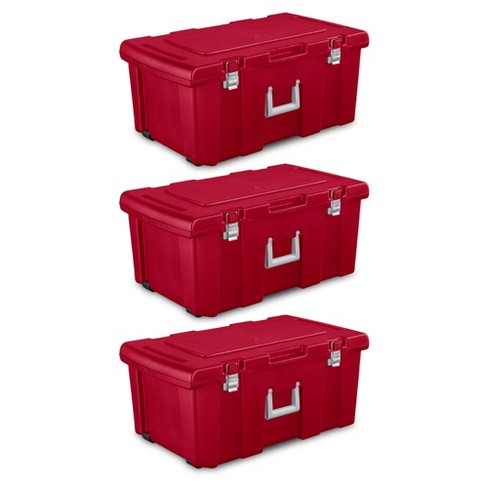 Sterilite 23 Gallon Lockable Storage Tote Footlocker Toolbox Container Box w/ Wheels, Handles, Metal Hinges, & Latches, Infra Red w/ Clips, 3 Pack - image 1 of 4