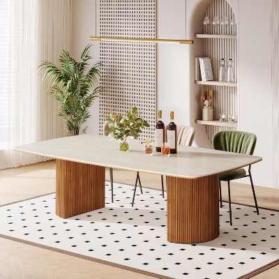 Tribesigns 78.74" Travertine Slab Dining Table for 8-10, Modern Horse Belly Dining Table, Luxury Kitchen Table (Without Chair)