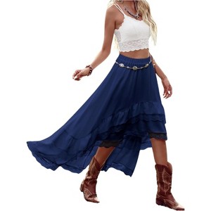 Women's Western Boho Skirt - Lace Ruffle Asymmetrical Hem Cowgirl Style Dark Blue - 1 of 4