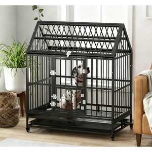 Heavy Duty Dog Crate with Lockable Wheels Double Doors and Removable Tray Black - Nertpow - 1 of 4