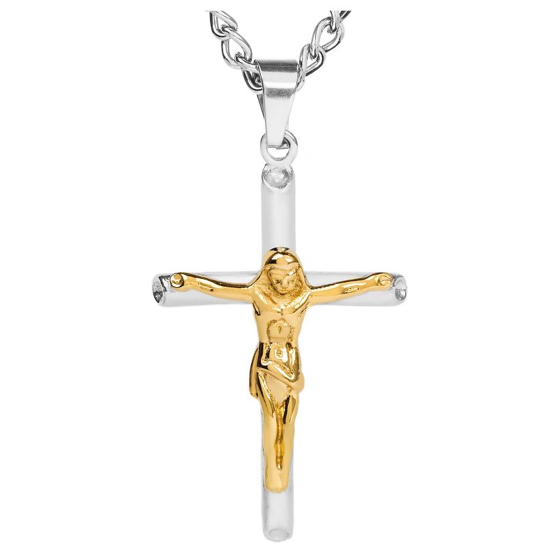 Men&#39;s West Coast Jewelry Two-Tone Stainless Steel Crucifix Cross Pendant Necklace, 1 of 4