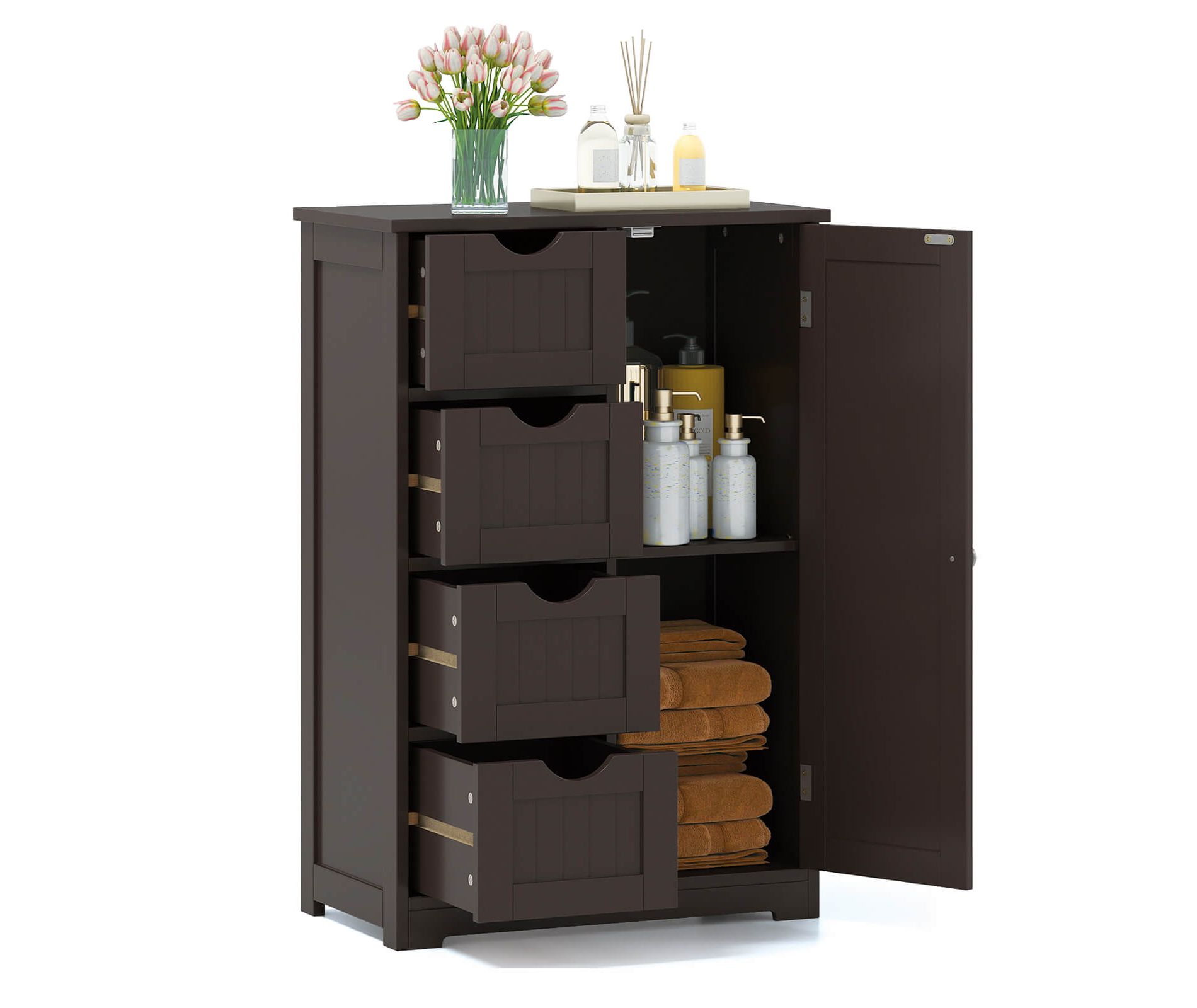 Costway Bathroom Storage Wooden 4 Drawer Cabinet Cupboard 2 Shelves Free Standing Brown