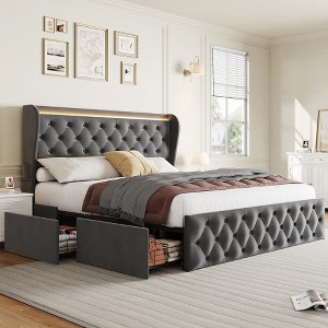 Queen LED Bed Frame with Charging Station and 4 Storage Drawers, Upholstered Platform Bed Frame with Wingback Headboard, Button Tufted/Grey - 1 of 4