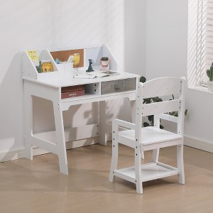 Kids Desk and Chair Set, Wooden Study Table with Storage Bins, Bookshelf, Bulletin Board, and Pen Holder, Writing Table for Boys and Girls, White - 1 of 4