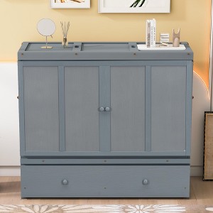 Full/Queen Murphy Bed, Wooden Murphy Bed Frame with Large Drawers, Chest Cabinet Bed with USB Ports - 1 of 4