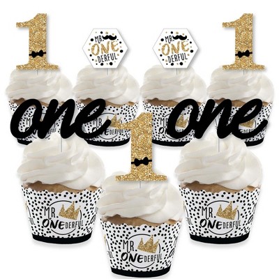 Big Dot of Happiness 1st Birthday Little Mr. Onederful - Cupcake Decor -  Boy First Birthday Party Cupcake Wrappers and Treat Picks Kit - Set of 24