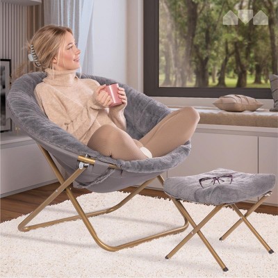 X-Large Black Faux Fur Papasan Chair with Metal Frame and Footrest