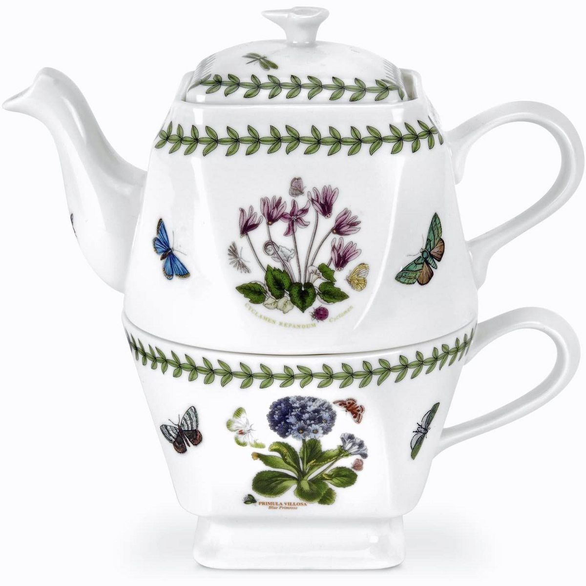 Portmeirion Botanic Garden Square Tea Set - 15oz Teapot & 8oz Teacup with Assorted Floral Motifs - Porcelain - Chip-Resistant Glaze, Dishwasher Safe