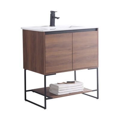 30" Walnut and White Glossy Bathroom Vanity with Shelf