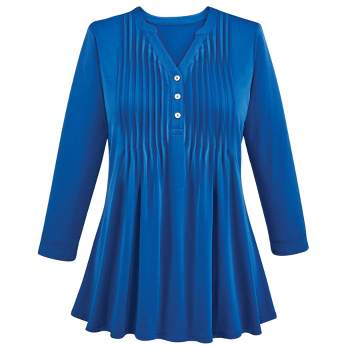 Collections Etc 3-Button Up V-Neck Knit Long Sleeve Pintuck Tunic Top Medium royal