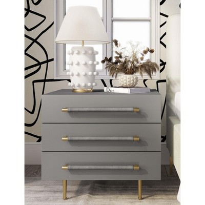 White 3-Drawer Nightstand with Brass Accents and Tapered Legs