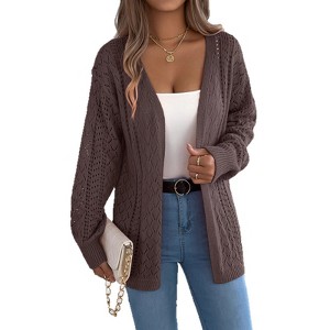 Women's Brown Hollow Out Long Sleeve Open Front Cardigan - 1 of 4