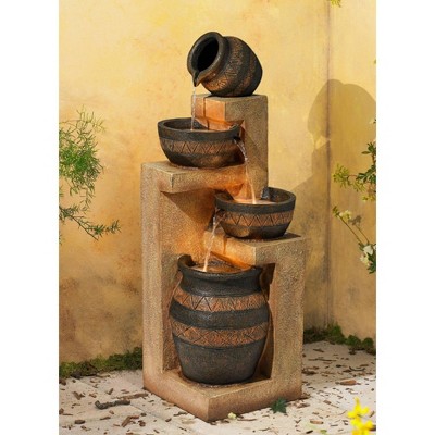 Rustic Stoneware Bowl and Jar Cascading Floor Fountain with LED Light