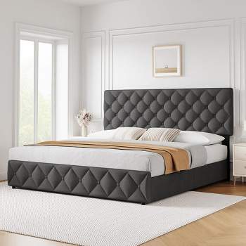 Whizmax King Size Bed Frame with 4 Storage Drawers and Headboard, Linen Upholstered Platform Bed Frame, Diamond Stitched Button Tufted, Dark Grey