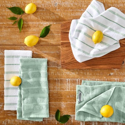 Pistachio Green and White Cotton Kitchen Towel Set of Four