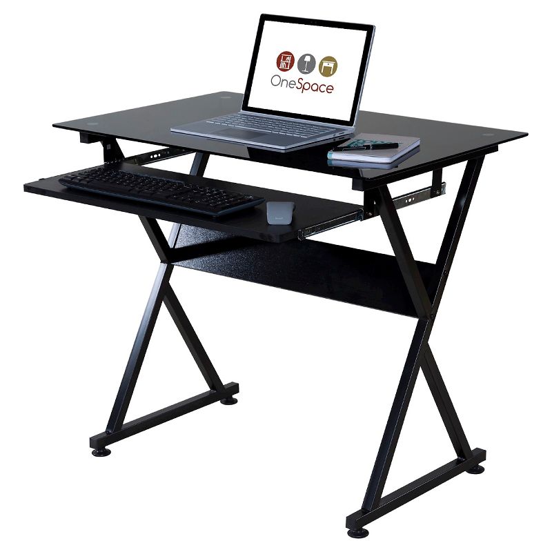 Ultramodern Glass Computer Desk, Pull-Out Keyboard, Steel Frame - OneSpace, 1 of 9