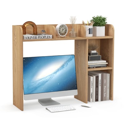 Tangkula Desktop Bookshelf 3-Tier Multipurpose Countertop Hutch Bookshelf for 27 Inch Monitor w/ 3 Upper Shelves & 2 Side Compartments White/Natural