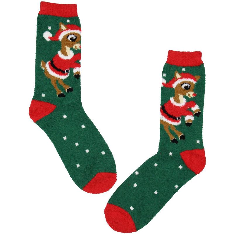 Rudolph The Red Nosed Reindeer Christmas Adult Fuzzy Plush Crew Socks 2 Pack Multicoloured, 3 of 5