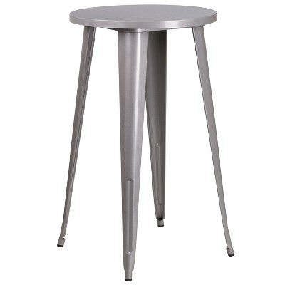 Silver Metal Indoor-Outdoor Round Bar Table Set with 4 Backless Stools