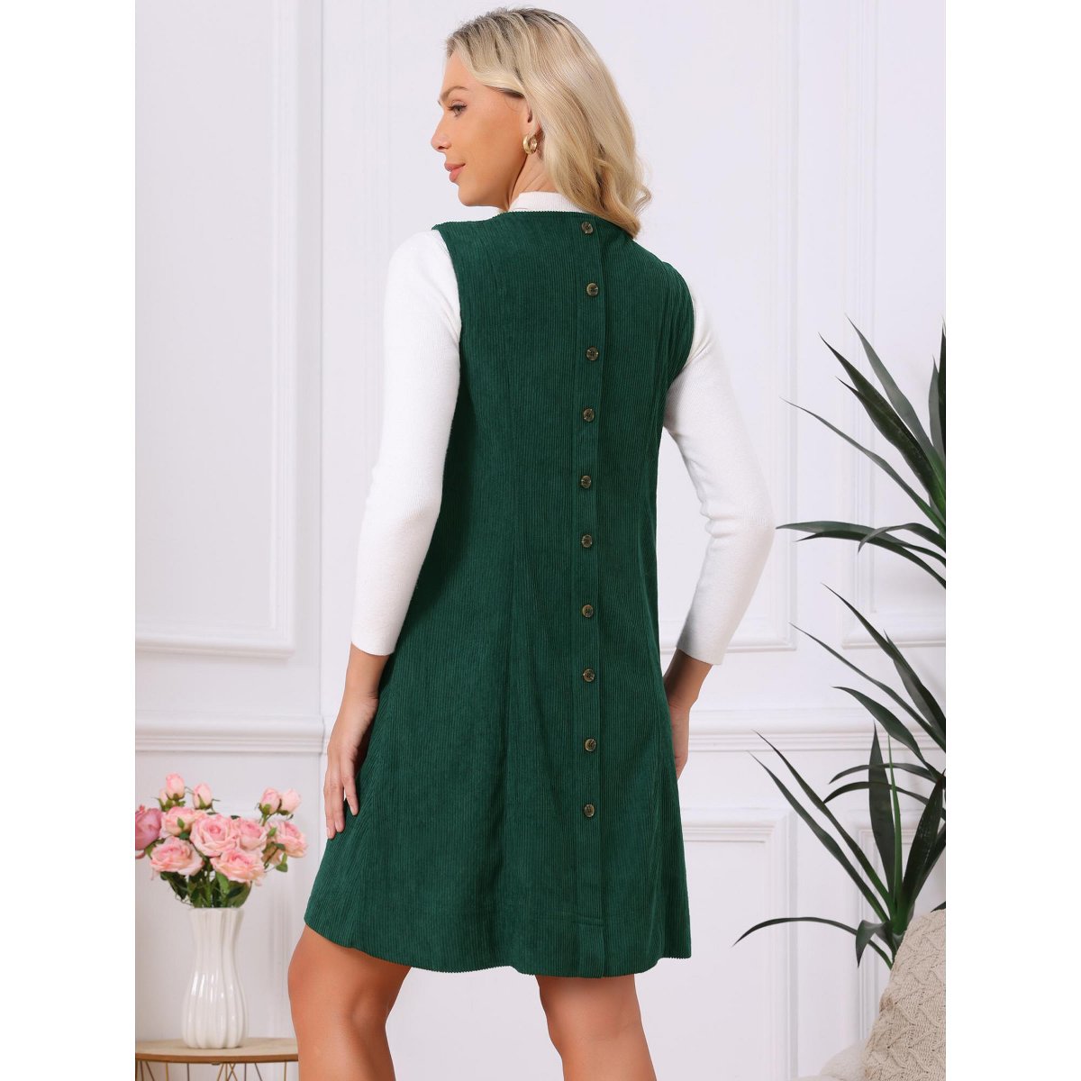Женские платья INSPIRE CHIC Women's Corduroy Overall Dress 2026 V Neck Sleeveless A Line Casual Pinafore Dresses with Pockets X-Large Dark Green — фото 5