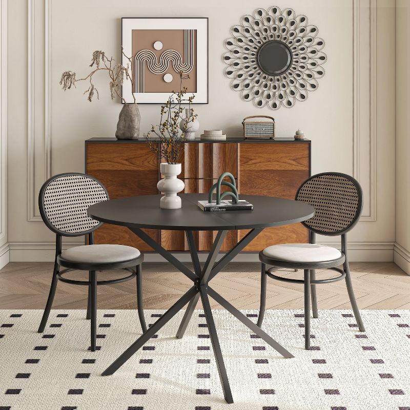 42.13" Modern Round Dining Table with Criss Cross Leg,Four Patchwork Tabletops with  Solid Wood Veneer Table Top,Metal Base Dining Table-Maison Boucle, 2 of 8