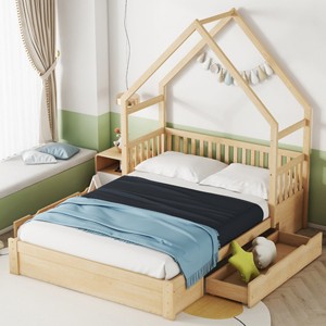 1pc Queen Platform Bed Frame, Solid Wood with Storage Drawers, Guardrail House Style for Kids or Teens Bedroom - Baofuwish - 1 of 4