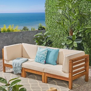 Oana 3pc Acacia Wood Patio Modular Sofa - Teak/Beige - Christopher Knight Home: Weather-Resistant Outdoor Seating Set - 1 of 4