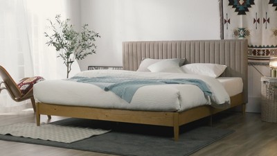 King Pine Wood Platform Bed Frame with Upholstered Headboard