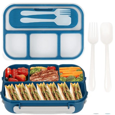 LunaLulinlk Bento Box, 1300ml Lunch Box Container with 4 Compartments, Fork, Leak-proof, Microwave/Dishwasher/Freezer Safe (Blue)