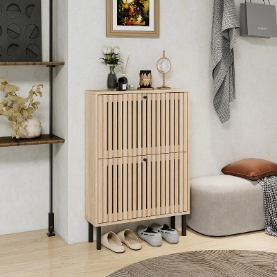 GDFStudio Tuttle Modern 34.3" Wood Rectangle Freestanding Shoe Rack with 2 Doors