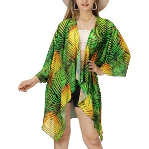 HAPPY BAY Women's Open Front Summer Beach Bikini Cardigan Swimsuit Coverups Beachwear Mini Bathing Suit Duster for Women L-XL Green, Leaf - 1 of 4