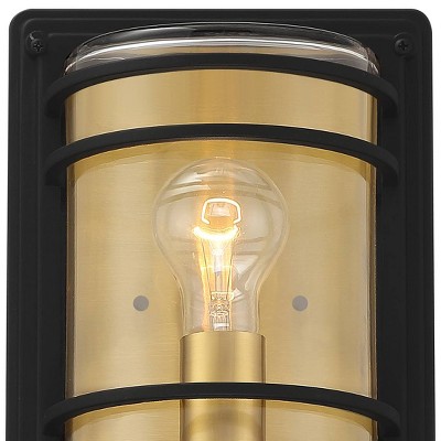 Modern Industrial Black Steel Outdoor Wall Light with Brass Accents