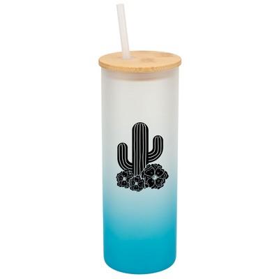 Elanze Designs Cactus Desert Flower Garden Wrap-Around Design 25 Ounce Frosted Gradient Glass On-The-Go Coffee Travel Skinny Tumbler Mug Cup, Bamboo