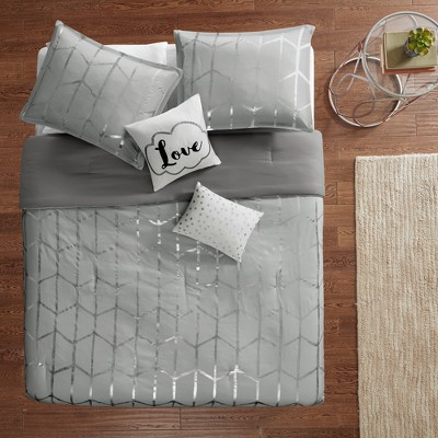 Twin Grey and Silver Microfiber 5-Piece Comforter Set