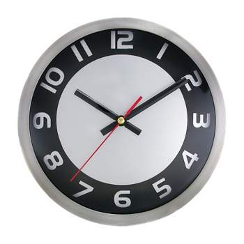 Timekeeper 9-In. Quartz Black and Silver Wall Clock with Black and Red Hands and Brushed Metal Rim.
