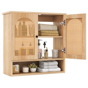 Tangkula Bathroom Wall Cabinet with Adjustable Shelves Open Cube 2 PE Rattan Doors for Over Toilet Wall Mounted Medicine Cabinet Natural - 1 of 4