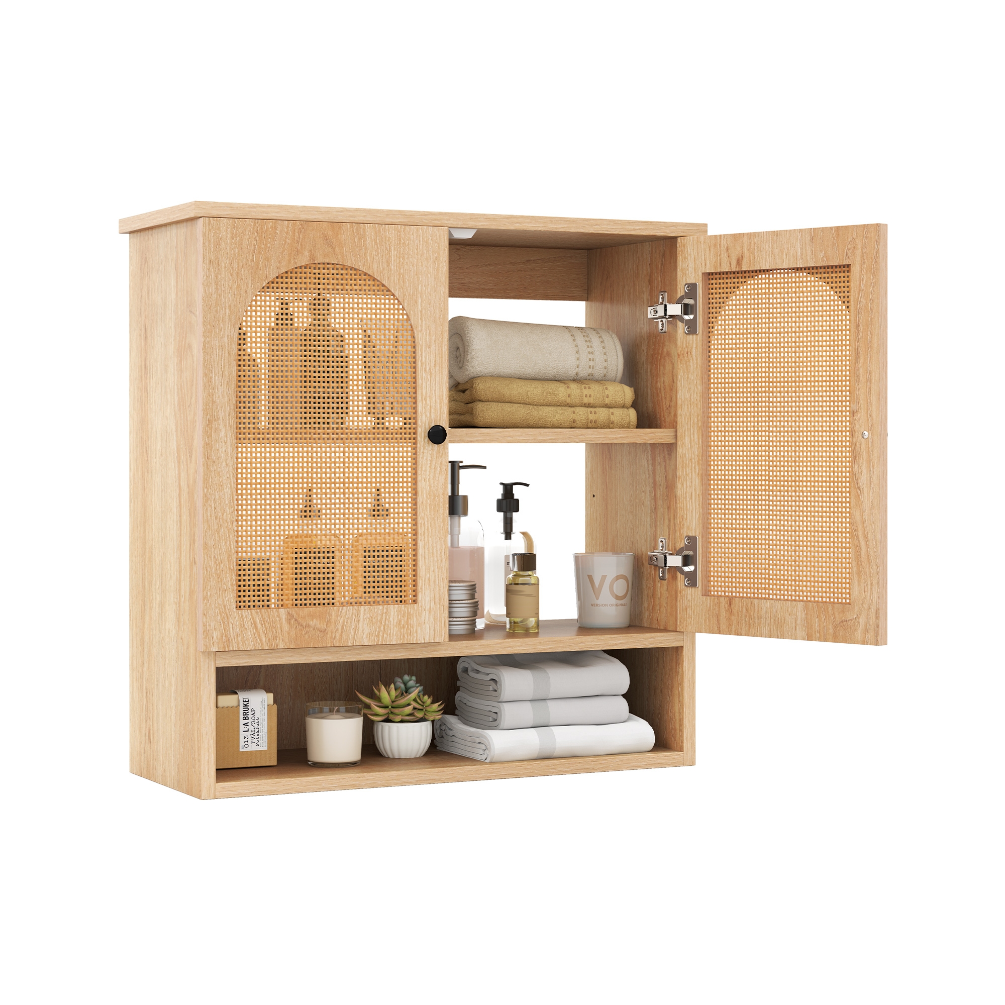 Costway Bathroom Wall Cabinet with Adjustable Shelves Open Cube 2 PE Rattan Doors for Over Toilet Wall Mounted Medicine Cabinet Natural