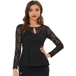 INSPIRE CHIC Women's Floral Lace Front Peplum Hem Keyhole Sheer Long Sleeve Blouse - 1 of 4