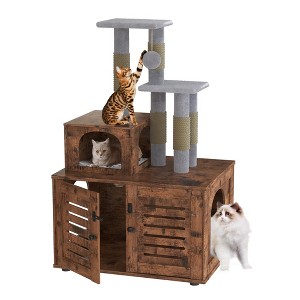Hooseng Cat Litter Box Enclosure with Tree Tower and Condo, Hidden Washroom Wooden Cat Furniture with Sisal Scratching Post and Soft Plush Perch - 1 of 4