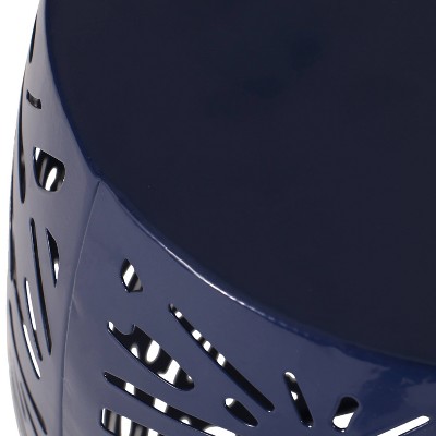 Navy Blue Powder-Coated Iron Outdoor Side Table with Tropical Palm Leaf Design