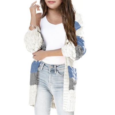 Girls Open Front Long Sleeve Cardigan Color Block Knit Oversized Kids Sweaters Cardigan Coat