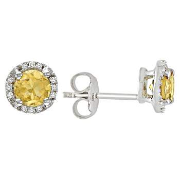 Citrine and Diamond Stud Earrings in Sterling Silver - Yellow