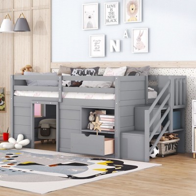 NicBex Twin Size Loft Bed Low Design Wooden Bed Frame with Drawer, Shelf, Storage Stair and Full Length Guardrail, No Box Spring Required
