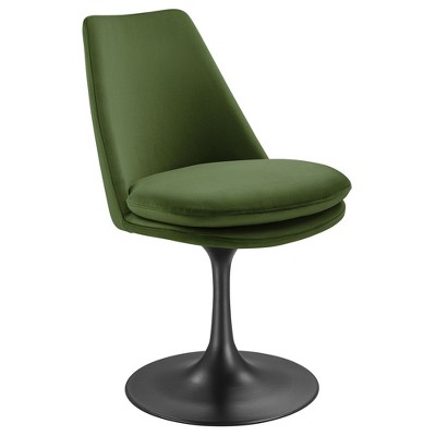Modway Lippa Velvet Dining Chair - Swivel Side Chair in Black Moss Green with 360° Rotation and Pedestal Base