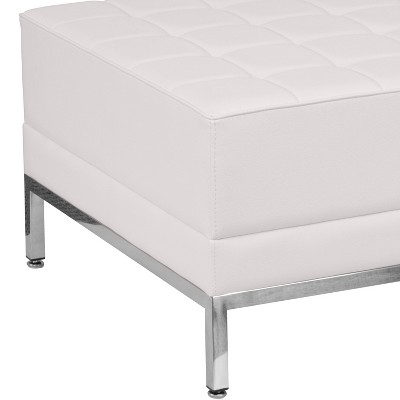 White Tufted Leather Square Ottoman with Stainless Steel Frame